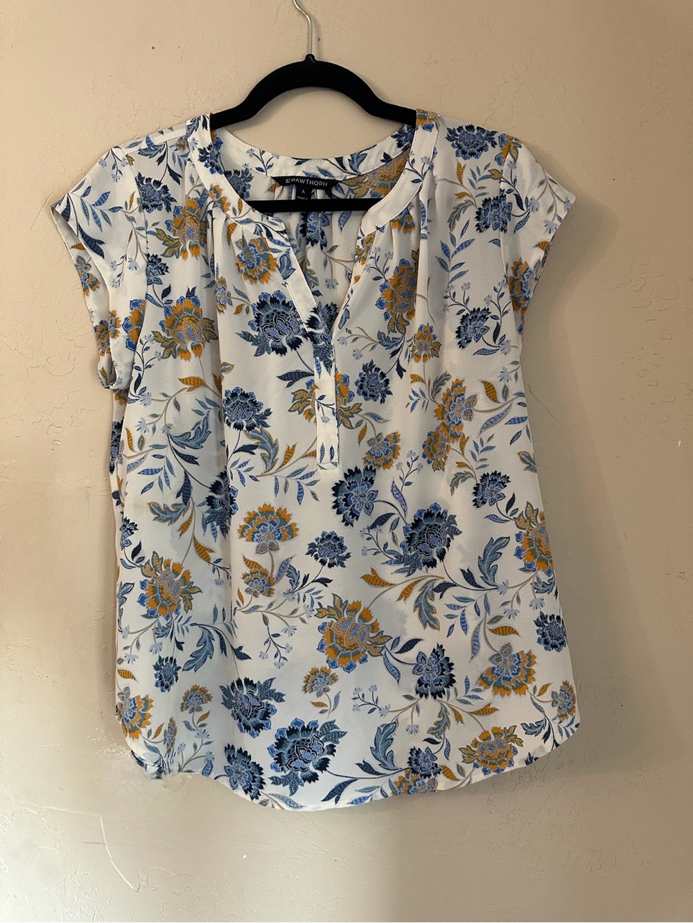 41 Hawthorn White Floral Print Cap Sleeve Blouse with Blue and Mustard